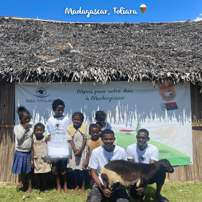 Enfants et bénévoles devant une banderole Allo Mouton « Merci pour votre don à Madagascar », à Toliara, avec un agneau