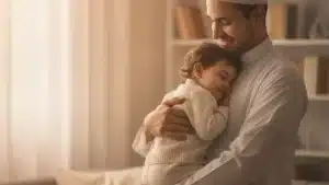 Père musulman tenant tendrement son jeune enfant dans ses bras
