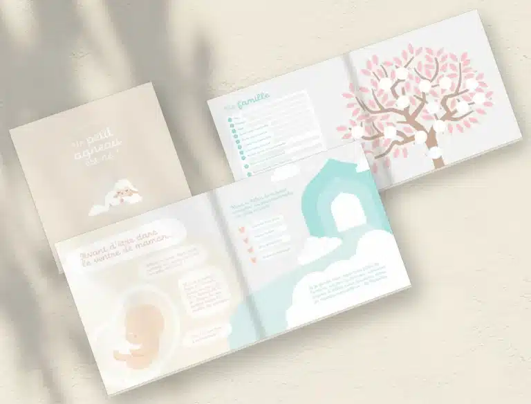 Livret de naissance Allo Mouton ouvert : page de couverture, arbre généalogique et pages à remplir