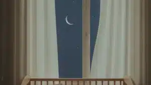 Chambre paisible au clair de lune avec un berceau, évoquant le rêve de grossesse en islam