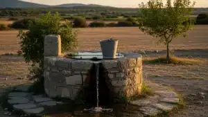Puits de pierre et seau d'eau dans un village, image de l'aumone continue en islam
