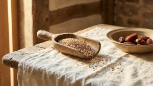 Mesure en bois debordant de grains de ble et coupe de dattes sur une toile de lin, illustrant le sa' qui sert de base a la zakat al-fitr