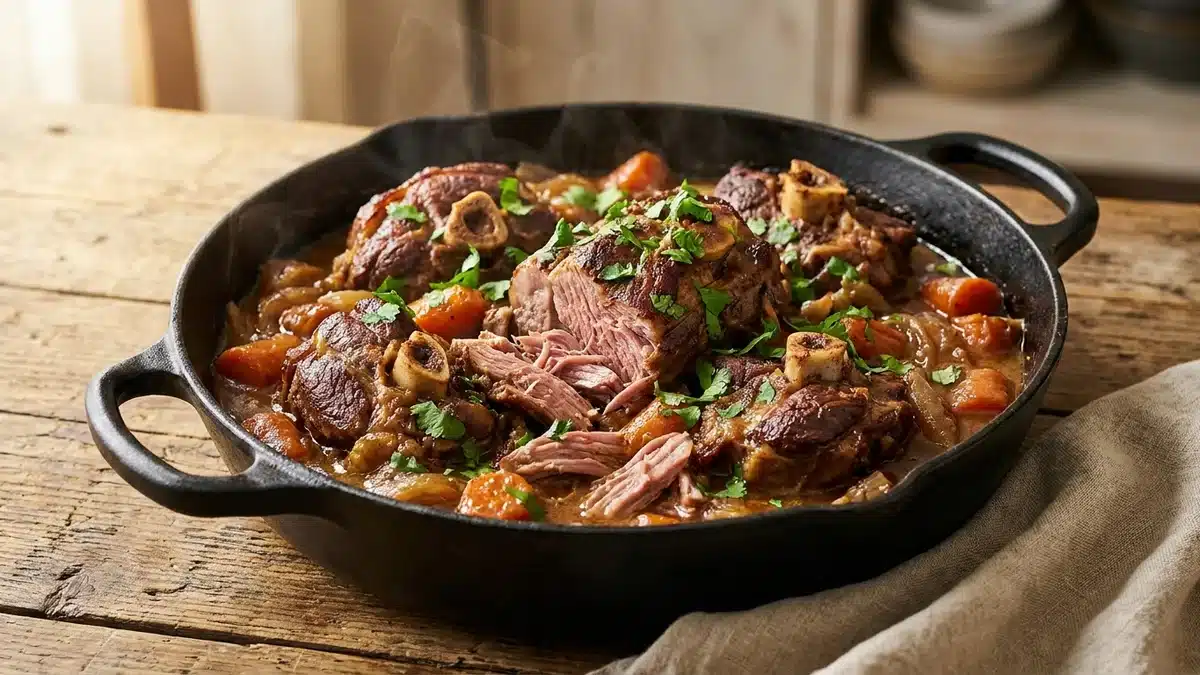 Collier d'agneau braise en cocotte de fonte, la viande se detachant de l'os, avec carottes, oignons confits et coriandre fraiche