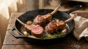 Cotes d'agneau poelees dans une poele en fonte avec ail en chemise et branches de romarin, viande rosee a coeur