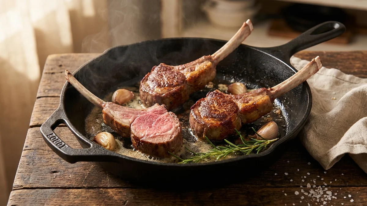 Cotes d'agneau poelees dans une poele en fonte avec ail en chemise et branches de romarin, viande rosee a coeur