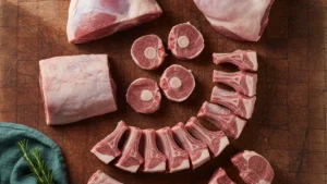 Morceaux d'agneau crus disposes sur un billot de boucher : gigot, epaule, carre de cotes, collier tranche et poitrine, vus de dessus