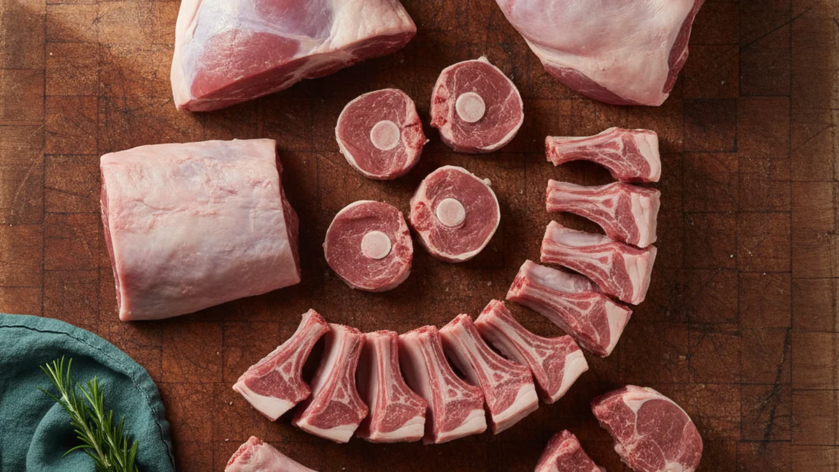 Morceaux d'agneau crus disposes sur un billot de boucher : gigot, epaule, carre de cotes, collier tranche et poitrine, vus de dessus