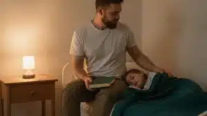 Un père assis au bord du lit de son enfant endormi, un livre fermé à la main, pose doucement la main sur son épaule à la lueur d'une lampe