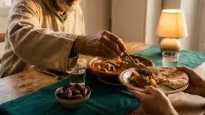 Les mains d'un homme âgé servent une assiette de viande mijotée et de pain à un convive, sur une table familiale à l'heure de la rupture du jeûne