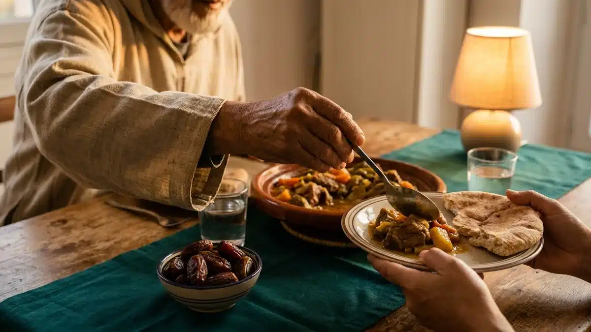 Les mains d'un homme âgé servent une assiette de viande mijotée et de pain à un convive, sur une table familiale à l'heure de la rupture du jeûne
