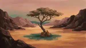 Une vallée déserte entourée de montagnes rocheuses, un arbre solitaire avec à son pied un sac et une outre en cuir