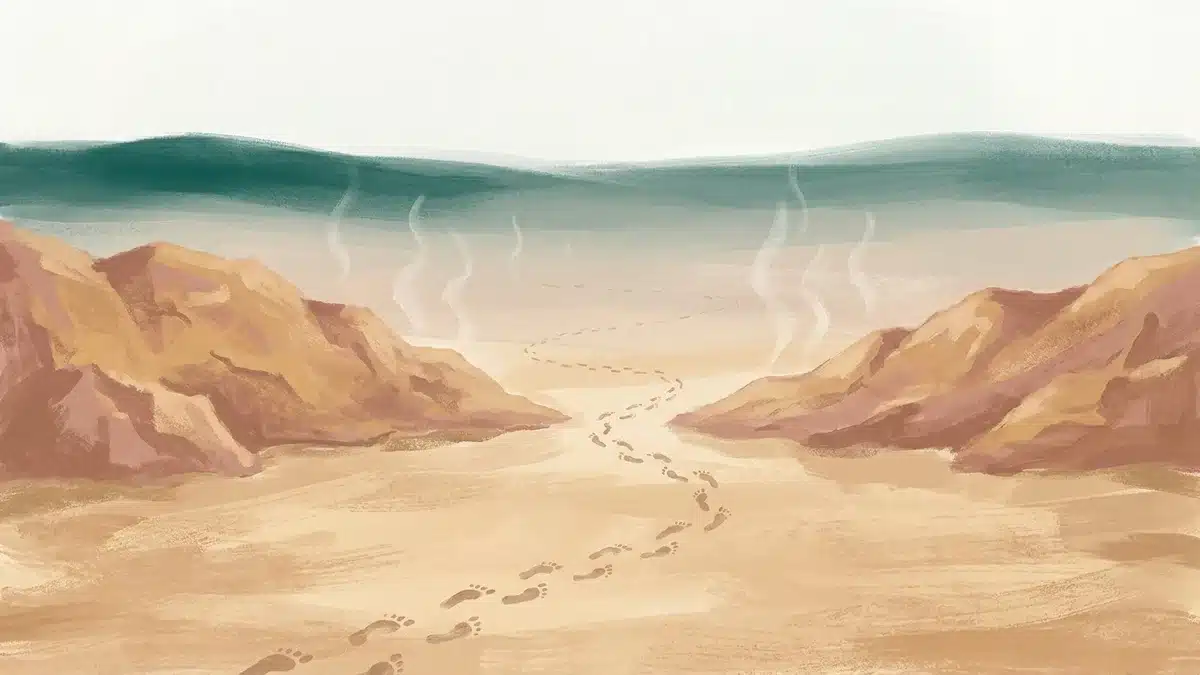 Des traces de pas dans le sable entre deux collines rocheuses, sous la chaleur du désert