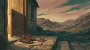 Deux paires de sandales, une grande et une petite, côte à côte sur le seuil d'une maison au crépuscule