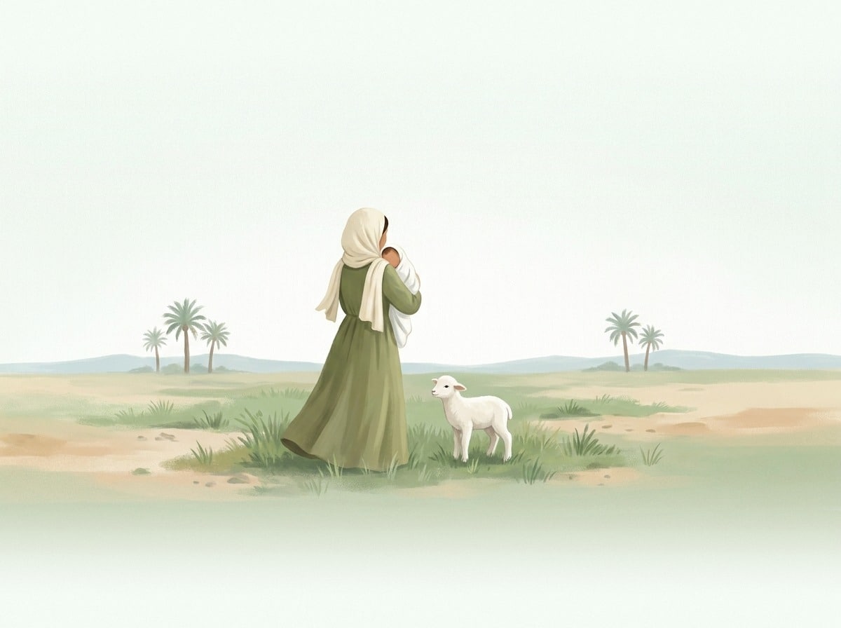 Une jeune mère, de dos, tient son nouveau-né dans une oasis, un agneau à ses côtés